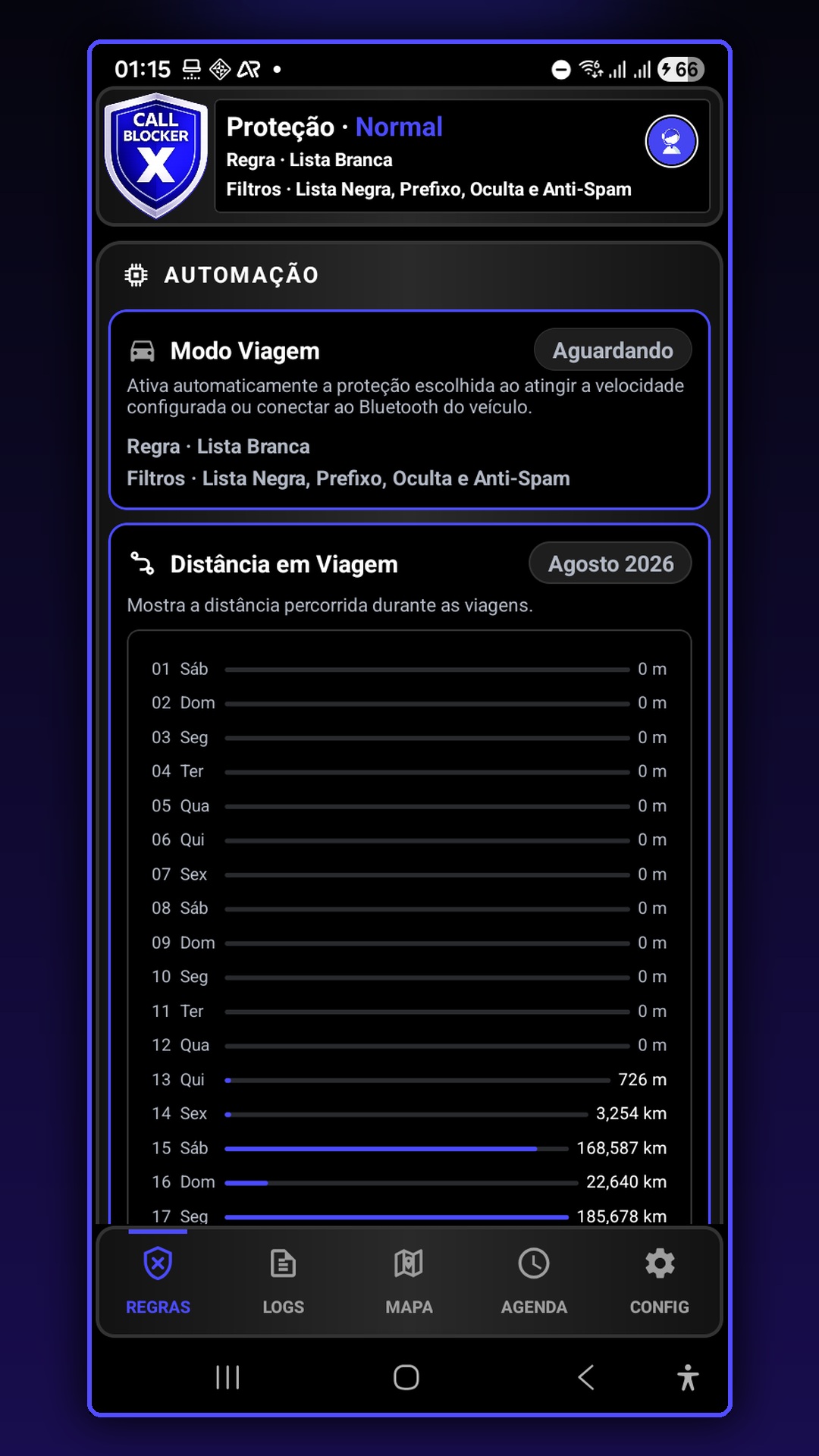 Tela de regras e Modo Viagem do Call Blocker X