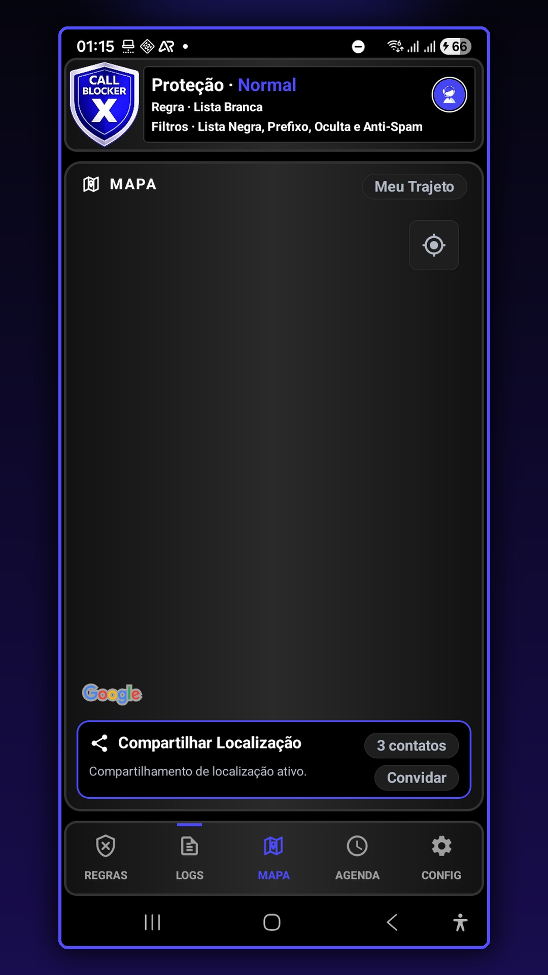 Tela de mapa e localização do Call Blocker X