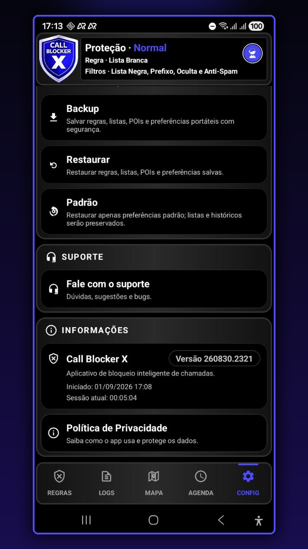Tela de configurações e suporte do Call Blocker X
