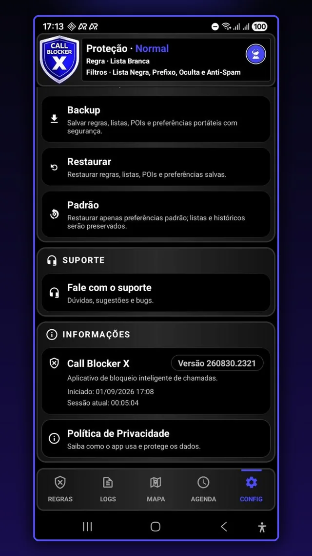 Call Blocker X settings and support screen