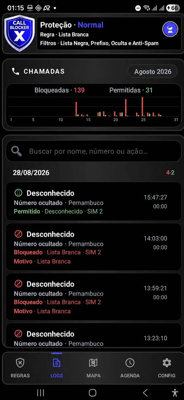 LOGS screen with phone numbers hidden